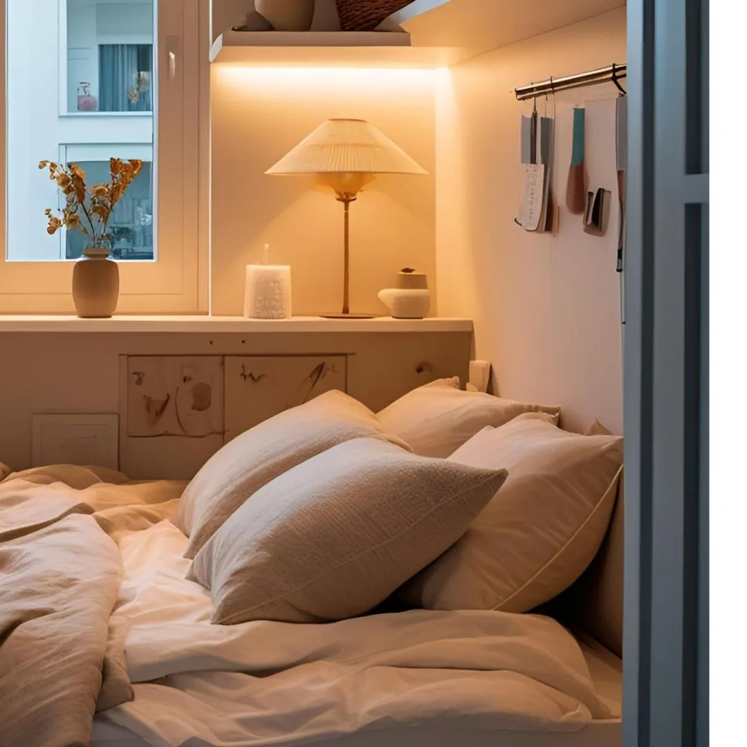 Minimalist small bedroom with under-bed storage baskets, floating wooden shelves, and soft neutral tones.