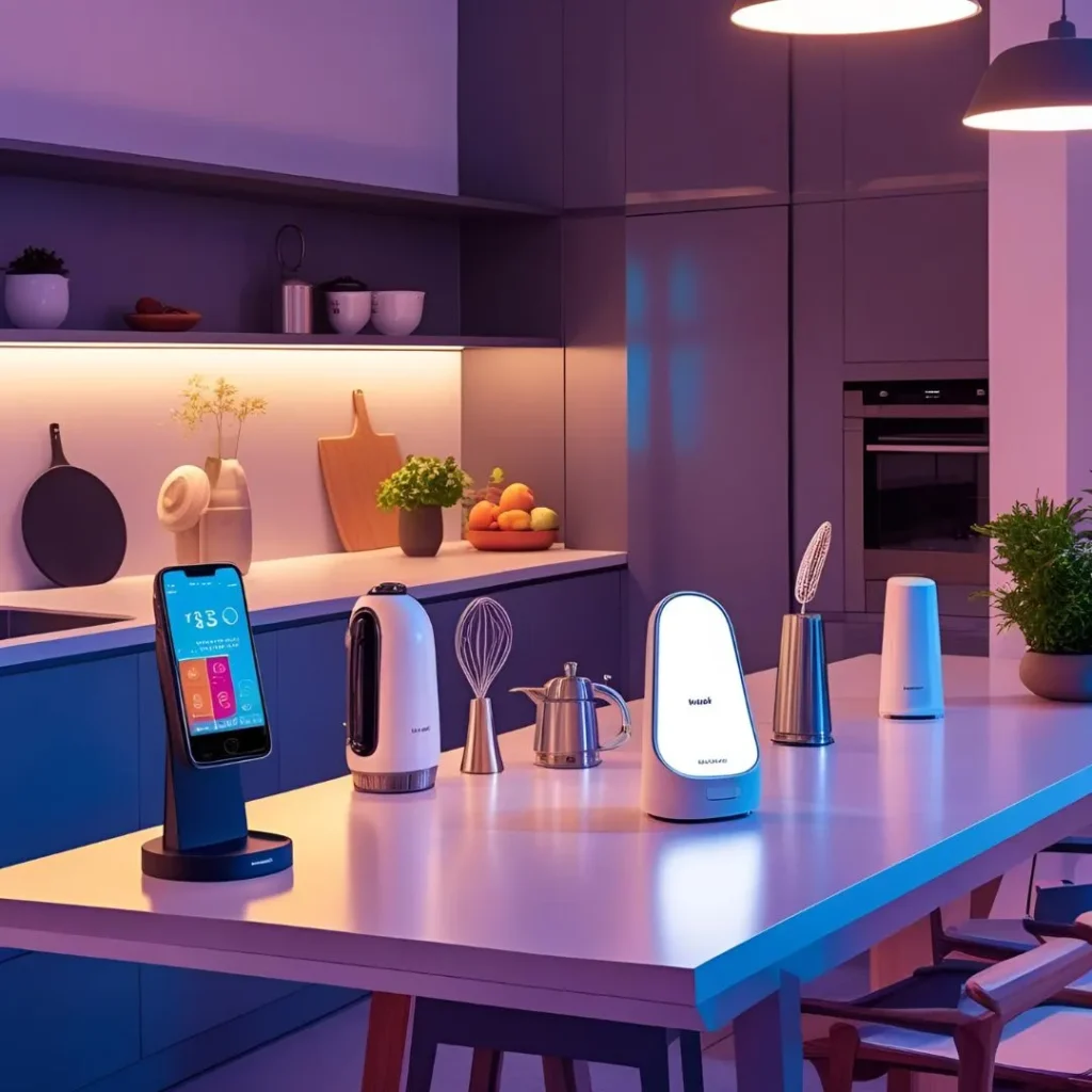 Collection of smart home gadgets and minimalist home organization tools on a clean white background.