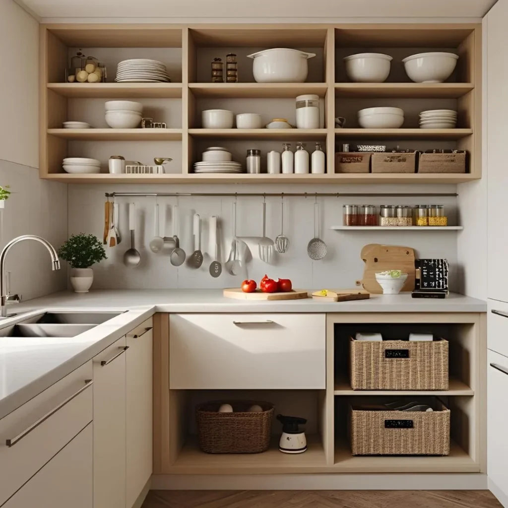 Neatly organized modern kitchen with open shelving, labeled containers, and drawer dividers in a bright space.