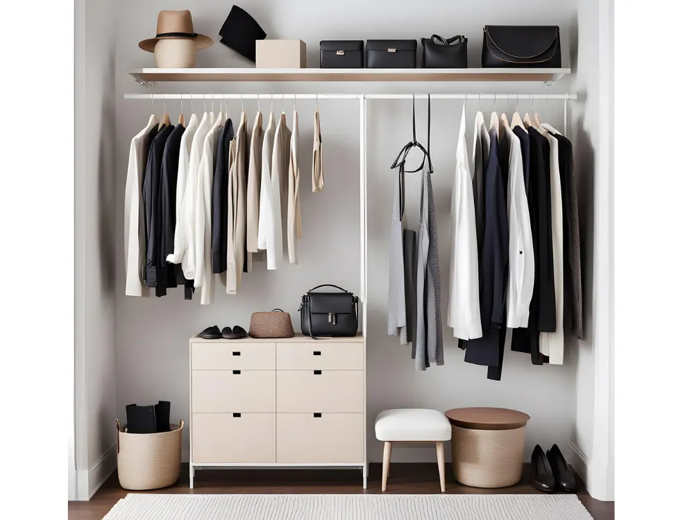 organized wardrobe with clothes on wooden hangers