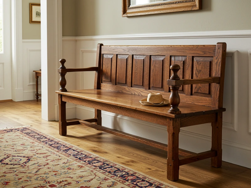 Traditional oak Entryway Bench with Shoe Storage in classic home setting