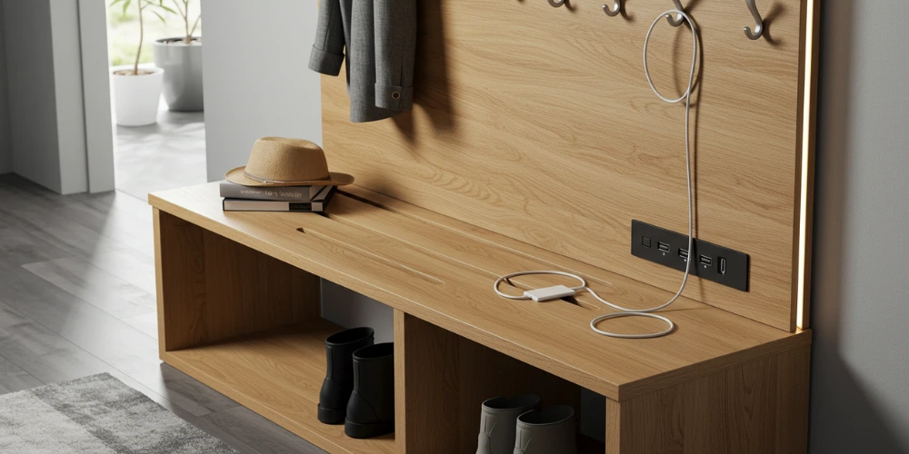 Multi-functional Entryway Bench with Shoe Storageentryway bench with coat hooks charging station and storage compartments