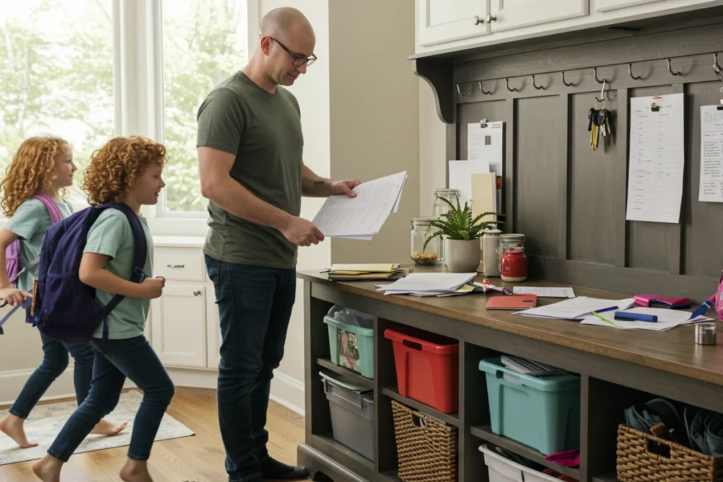Busy family using entryway storage bench during morning routine preparation