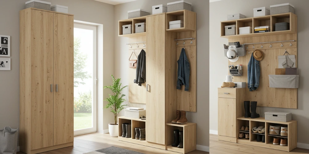 Modular entryway bench system showing expandable storage configurations