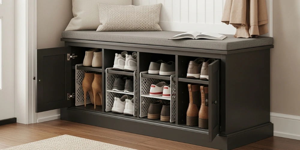 Interior view of shoe storage bench showing organized compartments and adjustable dividers