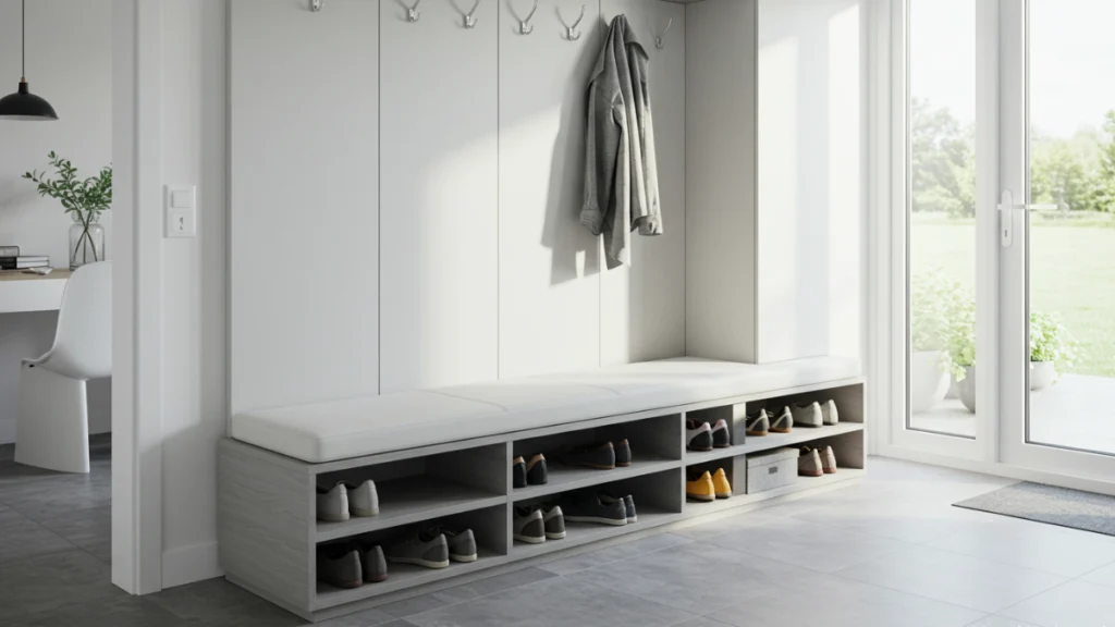 Modern Entryway Bench with Shoe Storage and organized footwear display