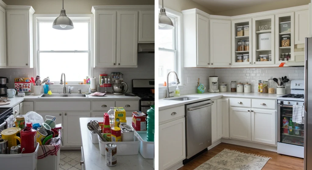 Before and after kitchen organization ideas transformation showing cluttered kitchen converted to organized space