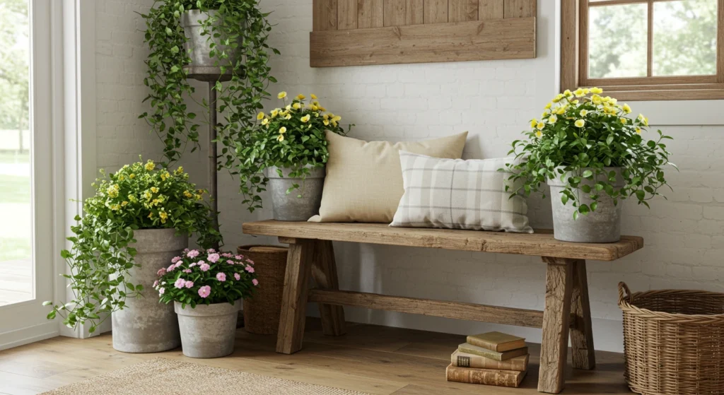 Rustic reclaimed wood entryway bench with industrial accents and plant décor