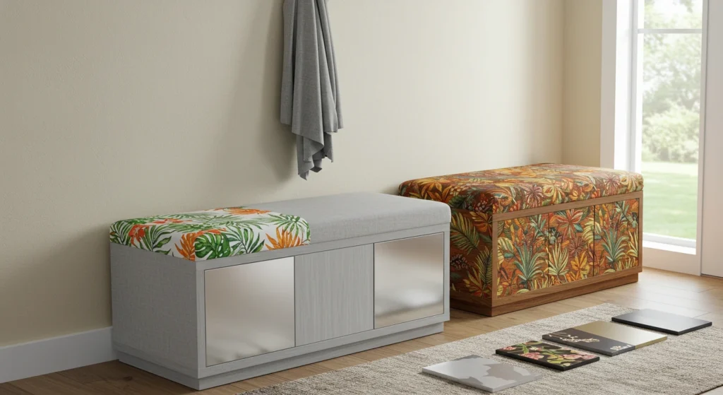 Entryway bench with interchangeable seasonal covers and customizable panels