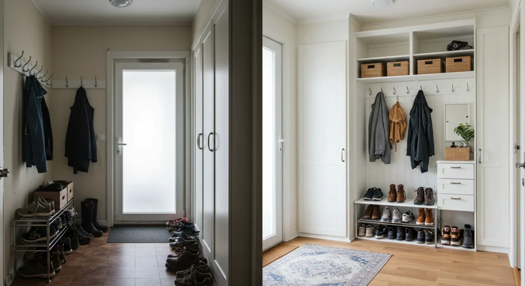 Before and after comparison showing cluttered versus organized entryway transformation