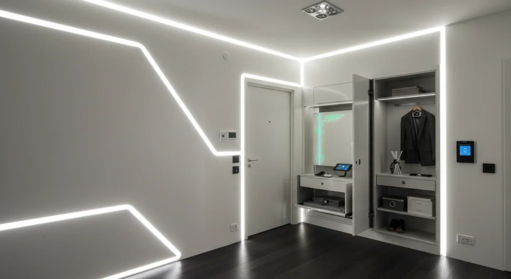 Smart entryway with LED lighting motion sensors and technology integrated storage bench